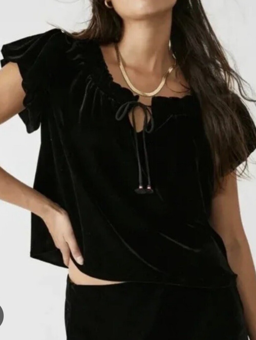 Free People Terese Puff Sleeve Black Velvet Babydoll Romantic Blouse Top Large